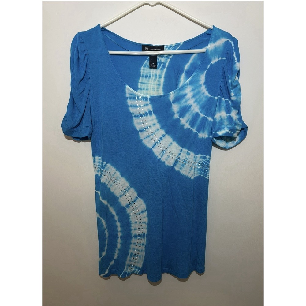 INC Blue Gemstone Scoop Neck Short Sleeve Blouse Top Pullover Casual Women's M